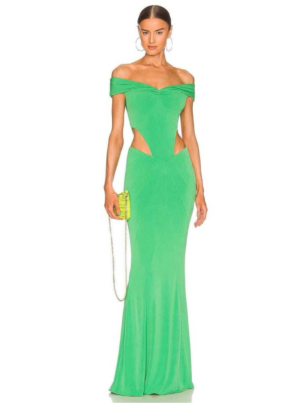 Retrofete Green Off-Shoulder Maxi Gown with Side Cutouts